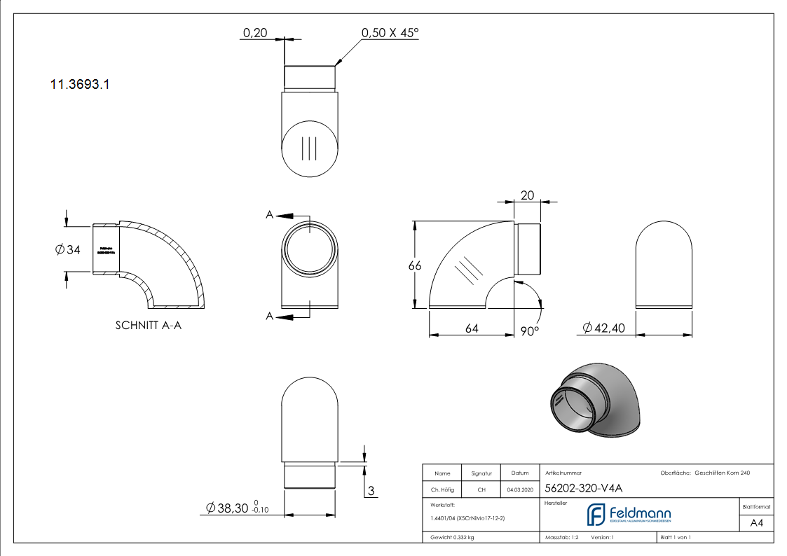 Endbogen V4A fuer Rohr 42-4 x 2-0 mm 90° flach zum Stecken-11-3693.1