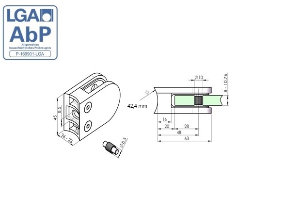 Glasklemme 63x45x28 mm V2A für Anschluss Ø 42,4 mm | Gummi 2,0 mm Blech