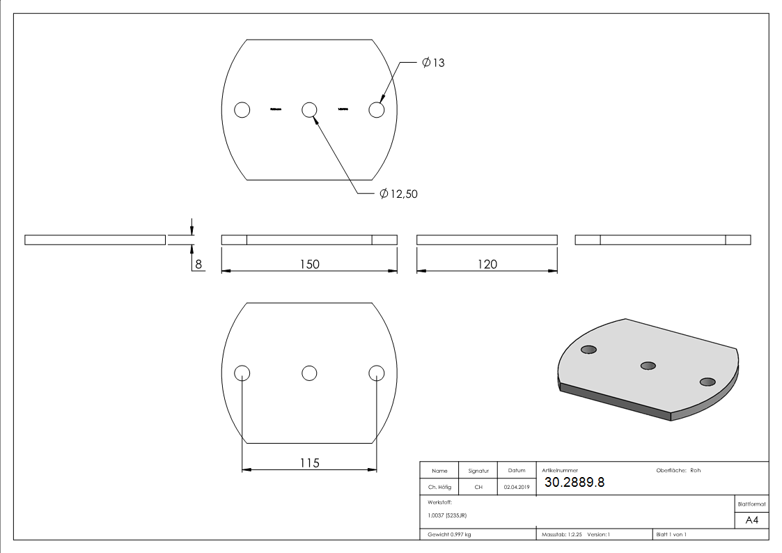 Ankerplatte 150x120x8 mm 3 Bohrungen |  Stahl roh