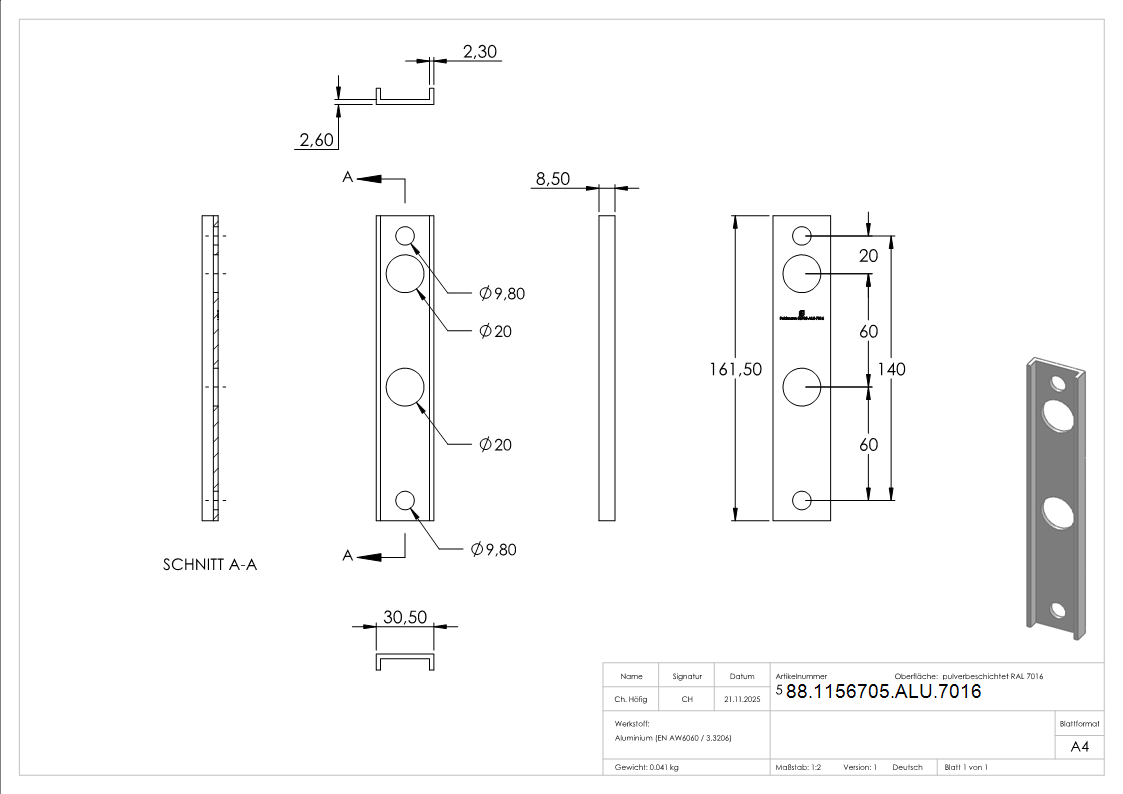 Adapter fuer Gittertorschloesser GTS2- fuer Rundrohre Ø 33 - 60mm- RAL 7016-88-1156705-ALU.7016