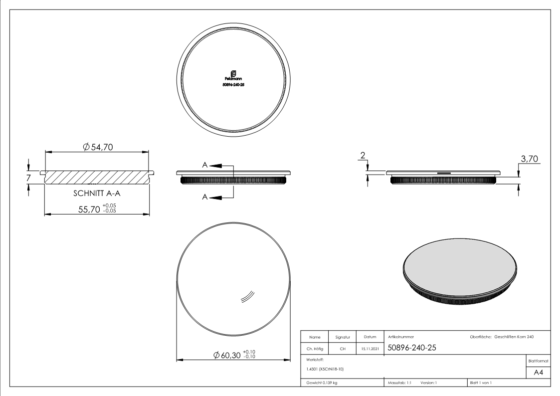 Stopfen, für Rohr 60,3 x 2,5mm, V2A