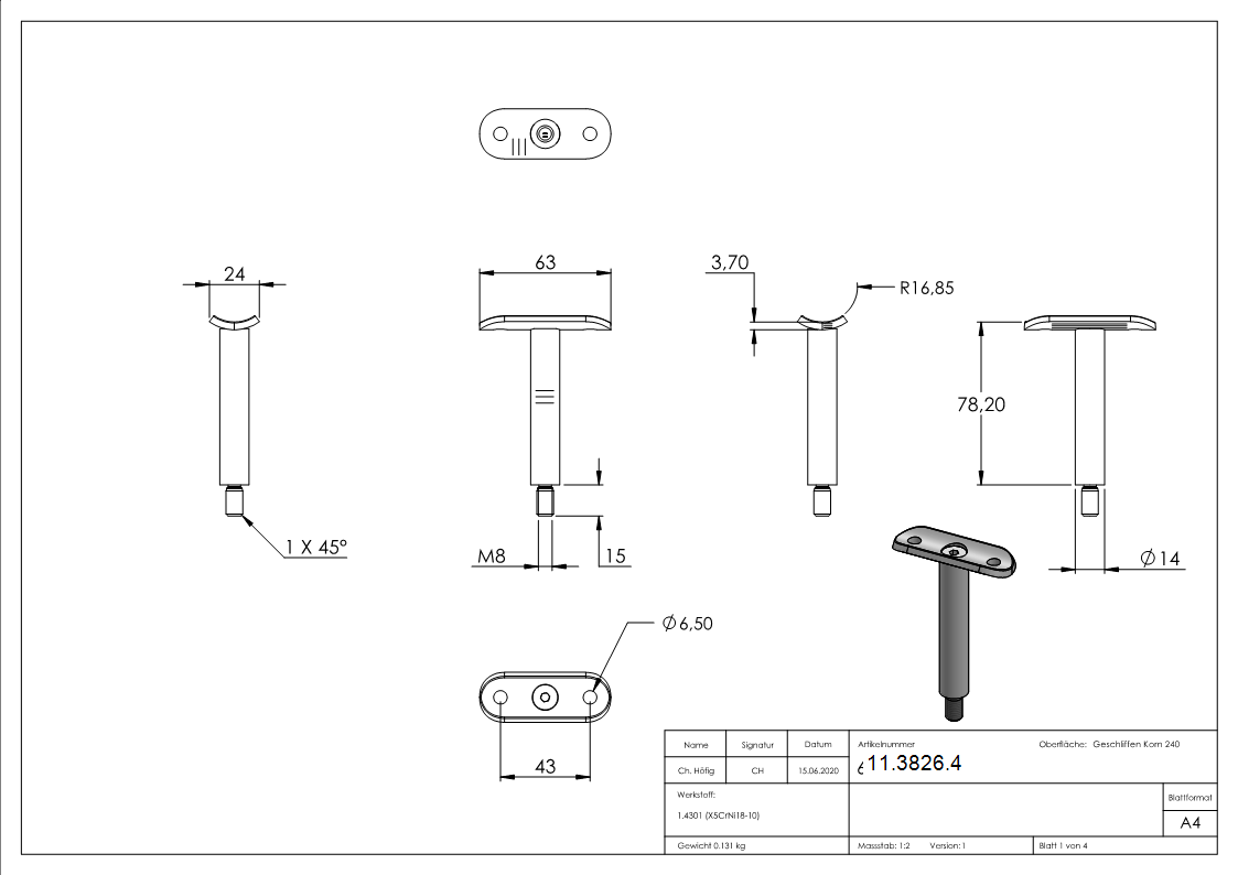Stift mit Halteplatte Anschluss: Ø 33,7 mm V2A