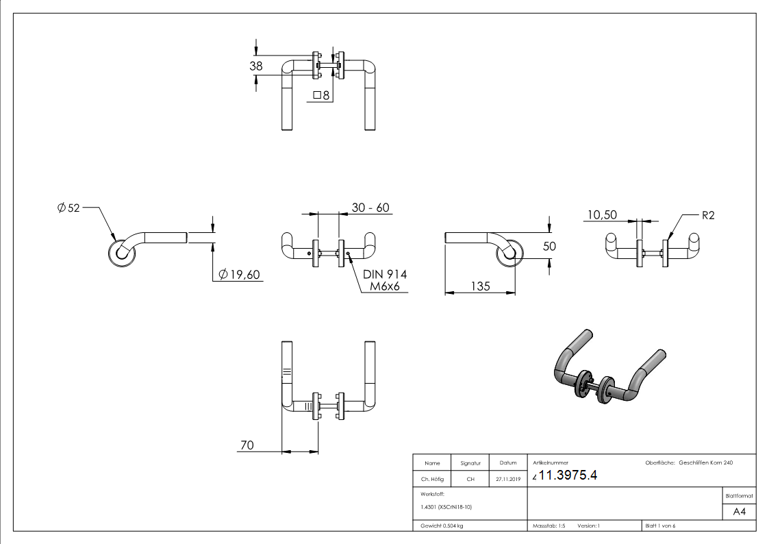 Türdrückerpaar V2A inkl. 8 mm Drückerstift Modell FLASH