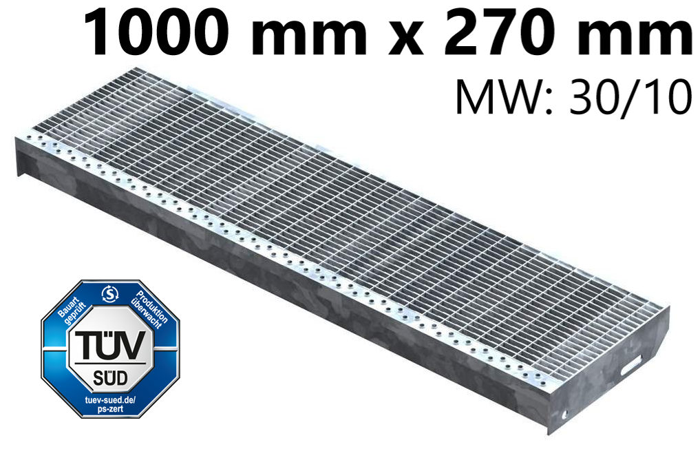 Gitterroststufe Treppenstufe Maße: 1000x270 mm 30/10 mm S235JR (St37-2), im Vollbad feuerverzinkt