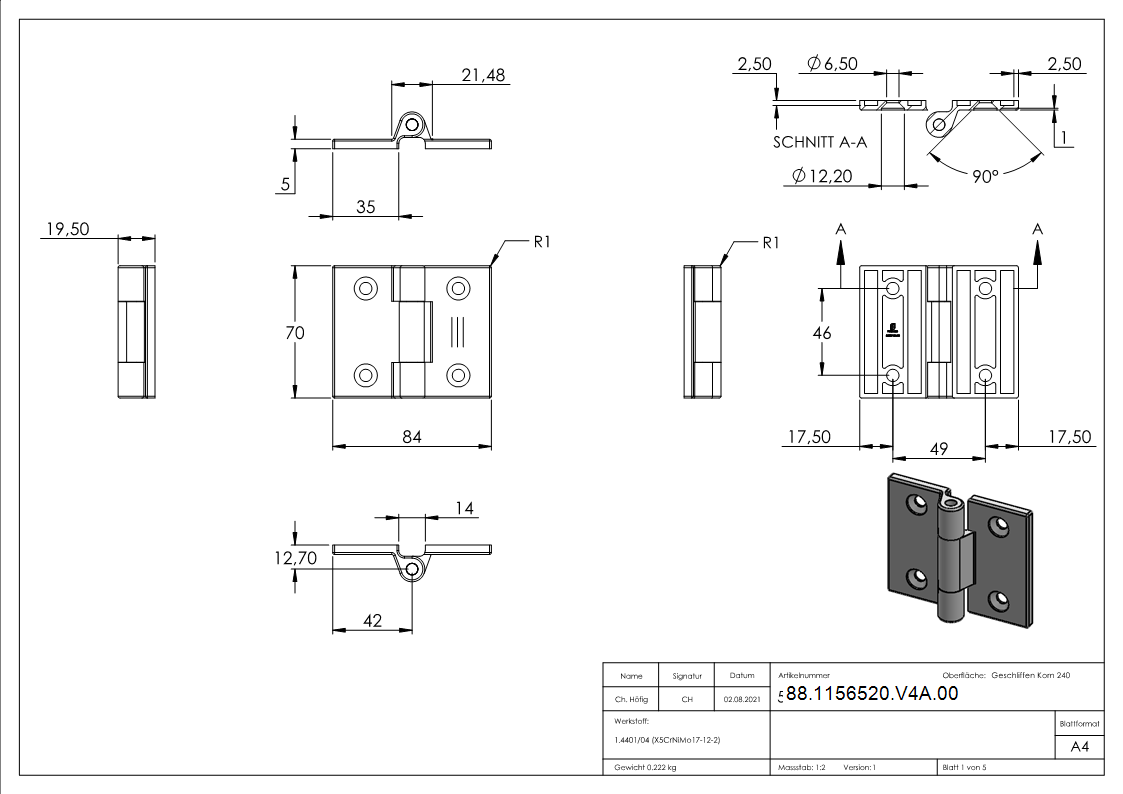 Anschraubscharnier für flache Profile, V4A