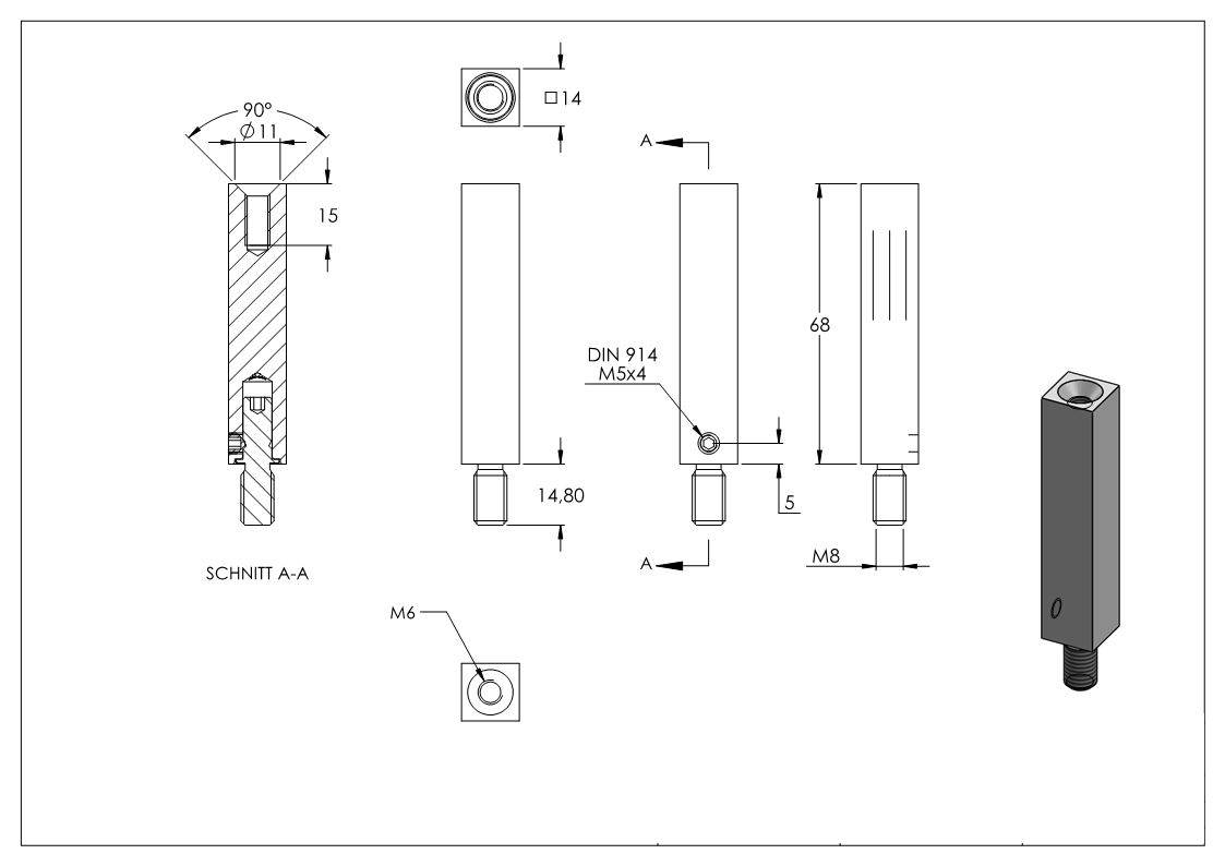 Stift aus 14x14mm, Länge: 68mm, V2A