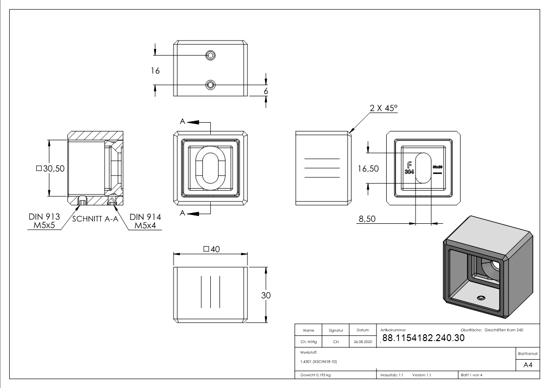 Wandbefestigung für Quadratrohr 30 x 30mm