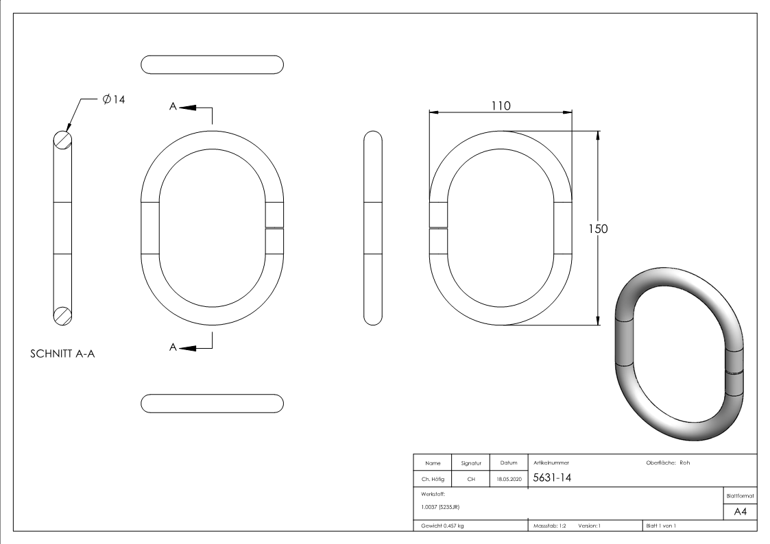 Ring | oval | Material: 14 mm | Außen-Ø: 150x110 mm | Stahl S235JR, roh