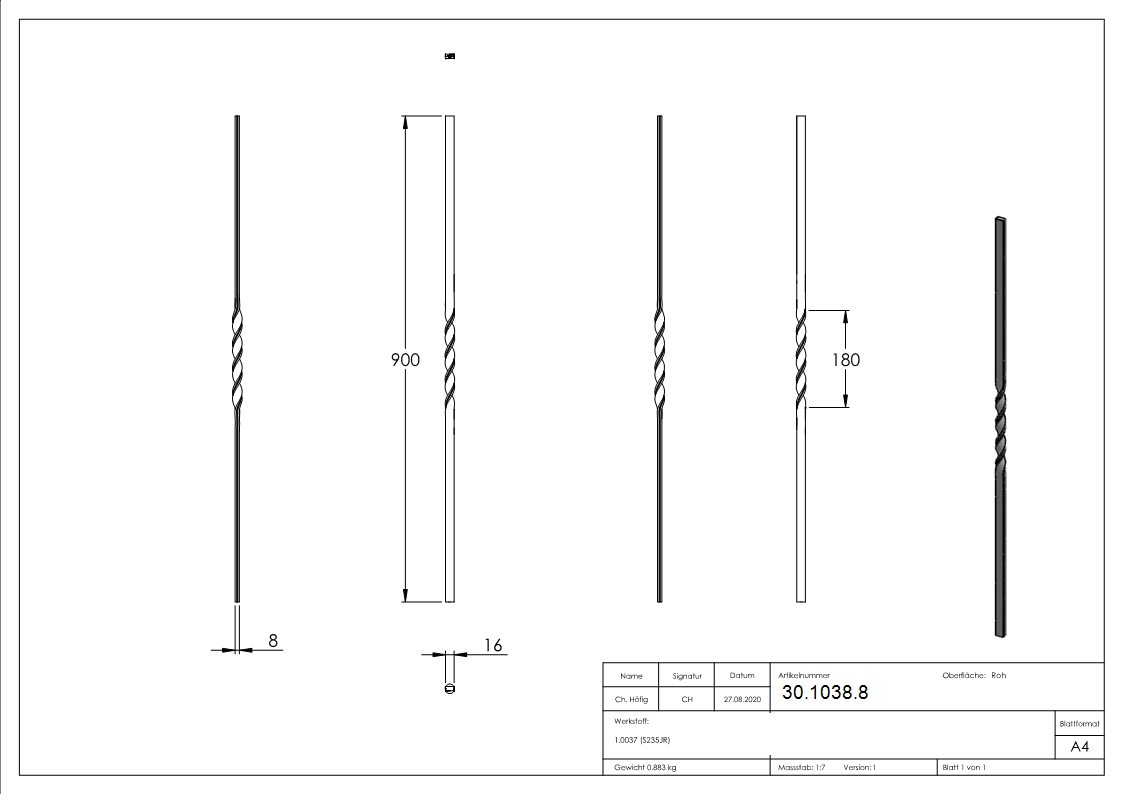 Zwischenstab | Länge: 900 mm | Material: 16x8 mm |  gerillt | Stahl S235JR, roh