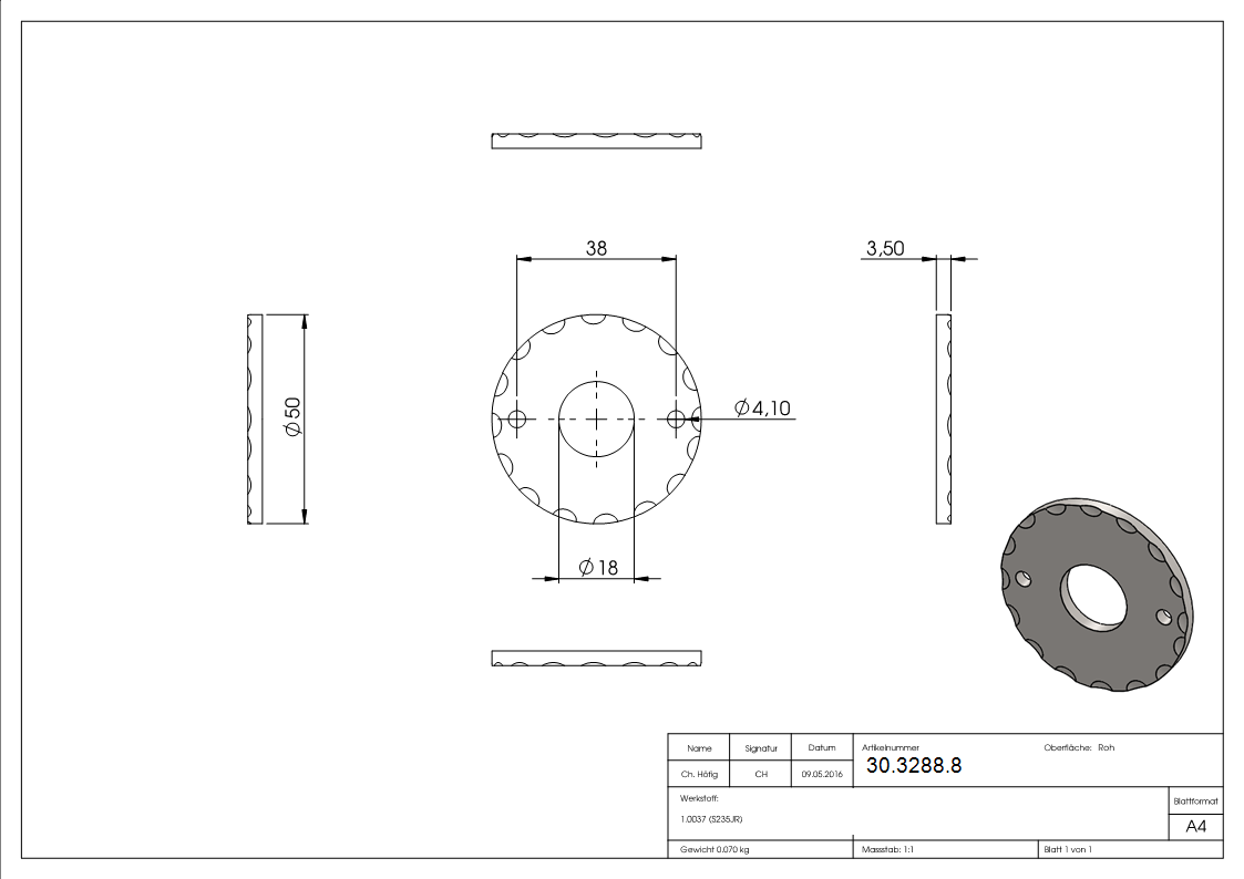 Rosette - Ø 50x5 mm - Stahl S235JR- roh-30-3288.8