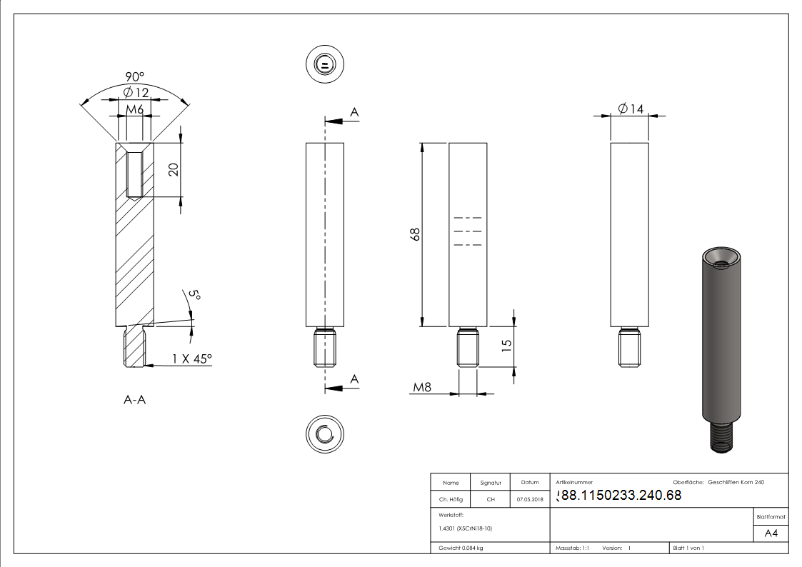 Stift Ø 14mm, Länge: 68mm, Innengewinde M6, V2A