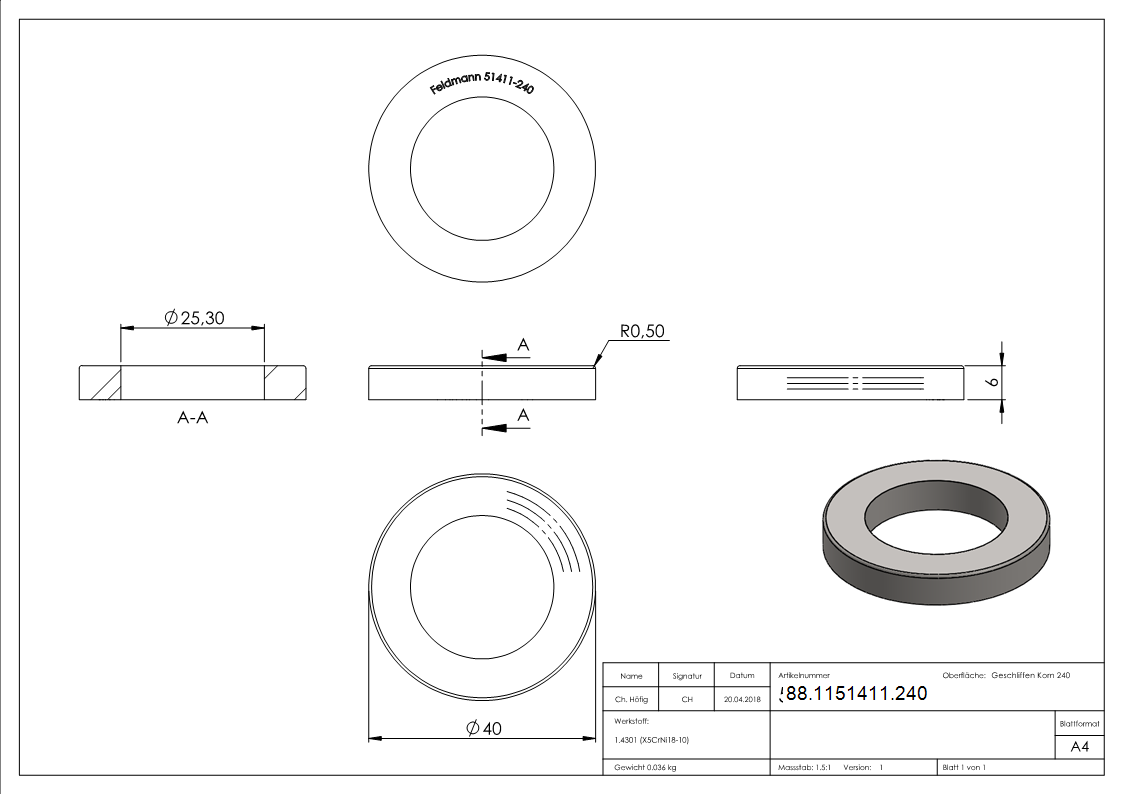 Abdeckring Edelstahl V2A Ø 40 x 6 mm Bohrung Ø 25-3 mm geschliffen Korn 240-88-1151411.240