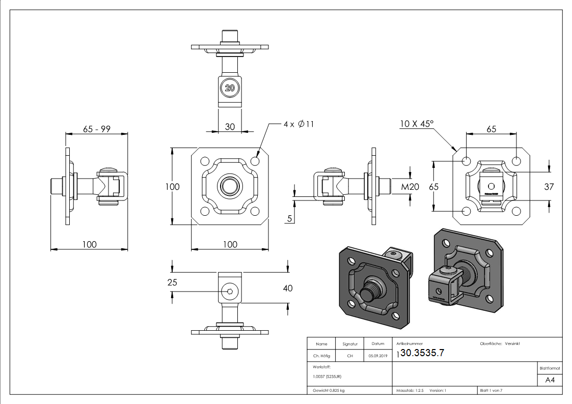 Torband M20 verstellbar mit Befestigungsplatte Stahl -Roh- S235JR-30-3535.7