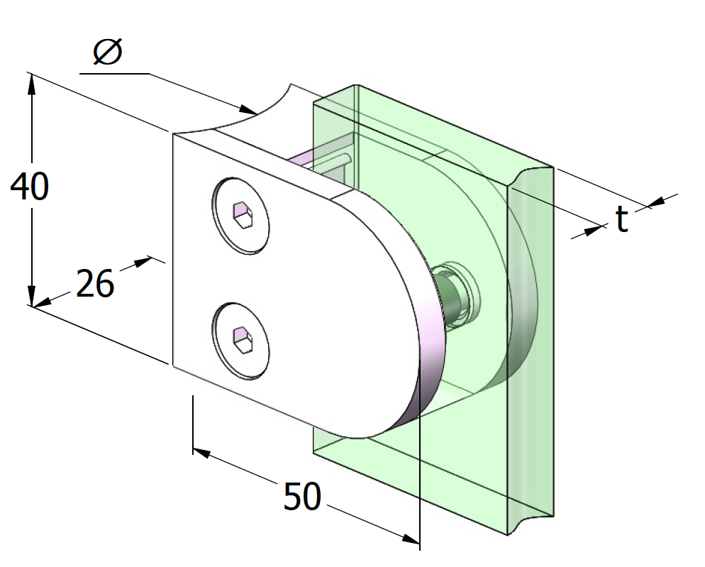 Glasklemme | Maße: 50x40x26 mm | Anschluss 42,4 mm | V2A | Gummi 10,00 mm ESG