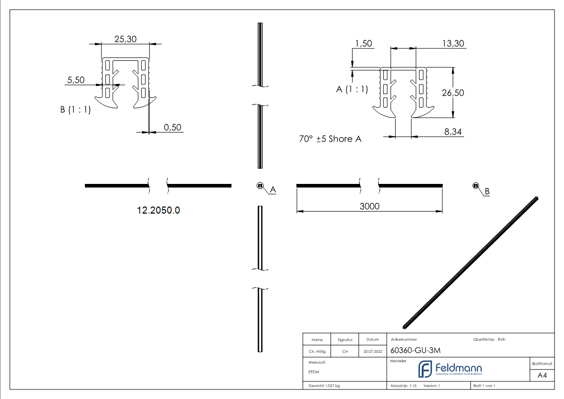 Gummieinlage | für Glas: 8,00-10,76 mm | für Nut: 24x24 mm | Länge: 3000 mm | Kautschuk