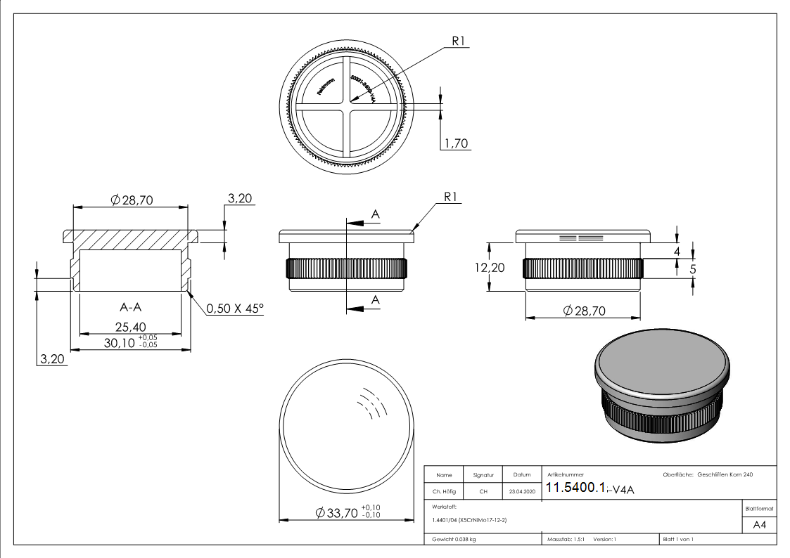 Einsteckkappe V4A Ø 33-7x2-0 mm- flach- zum Einschlagen-11-5400.1
