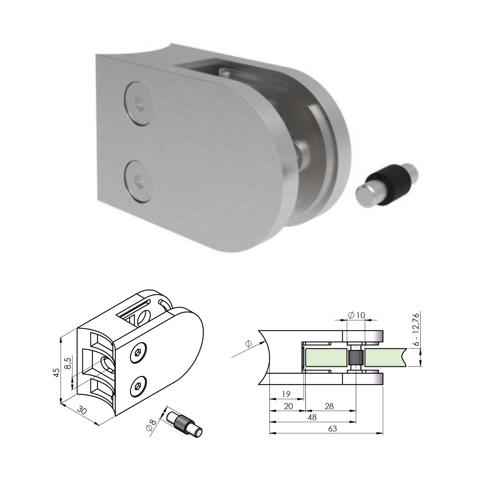 Glashalter V2A fuer Rohr Ø 42-4 mm fuer 6 - 12-76 mm Glas geschliffen 4er Set-18-2542-A-SET.4