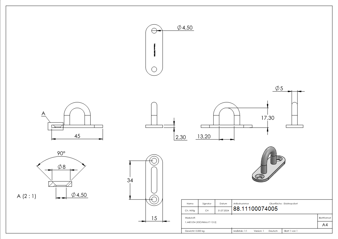 Befestigungsoese Edelstahl V4A 5 mm Rundeisen mit ovaler Platte- 2 Bohrungen-88.11100074005