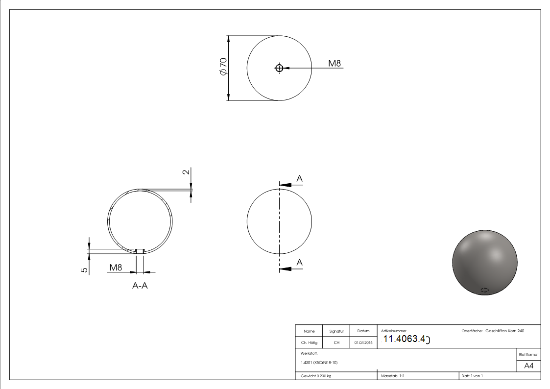 Hohlkugel V2A Ø 70 mm M8 Wandstaerke 2 mm geschliffen-11-4063.4
