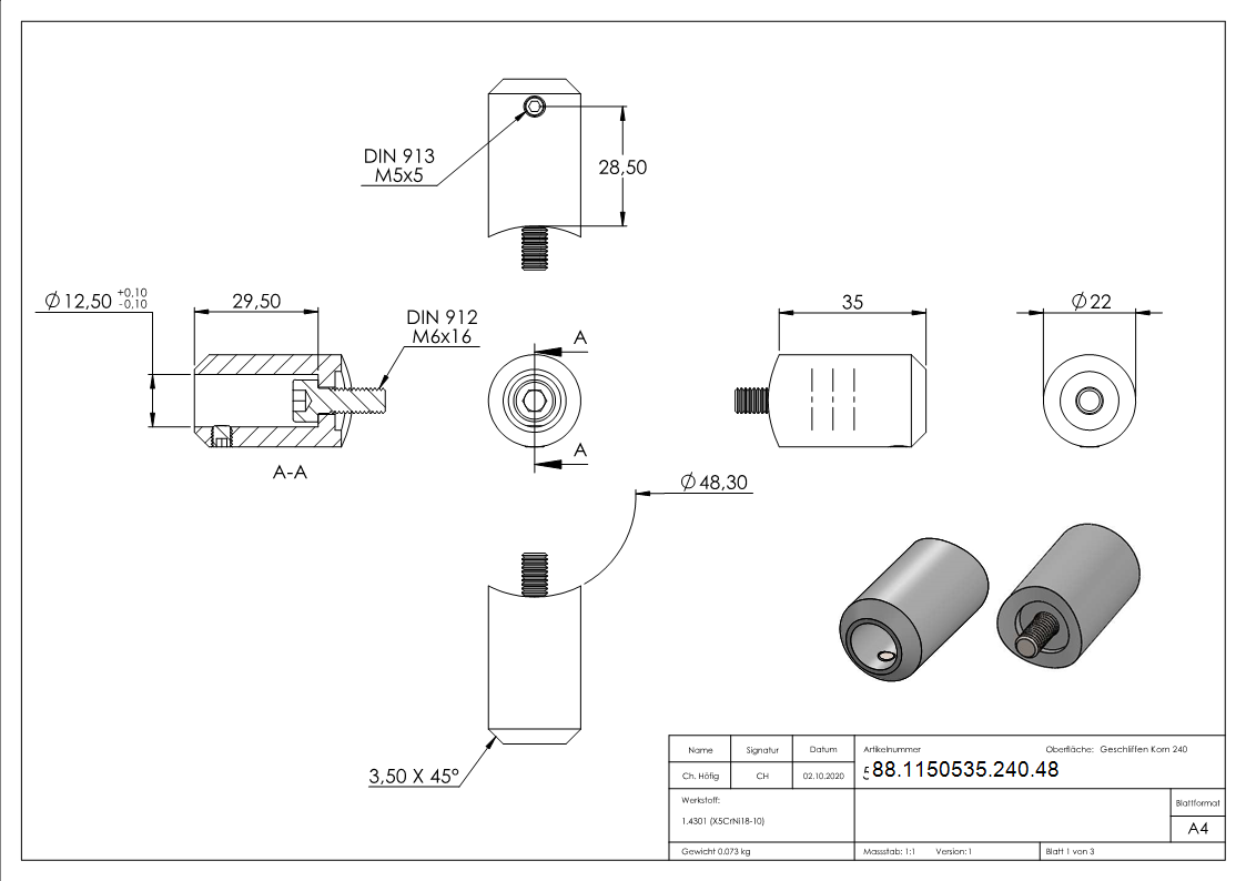Querstabhalter V2A Edelstahl – Stossverbinder mit Bohrung Ø 12-5 mm fuer Anschluss 48-3 mm inkl- Schraube M6 -Handlaufhalter-Buegel Befestigung-88-1150535-240.48