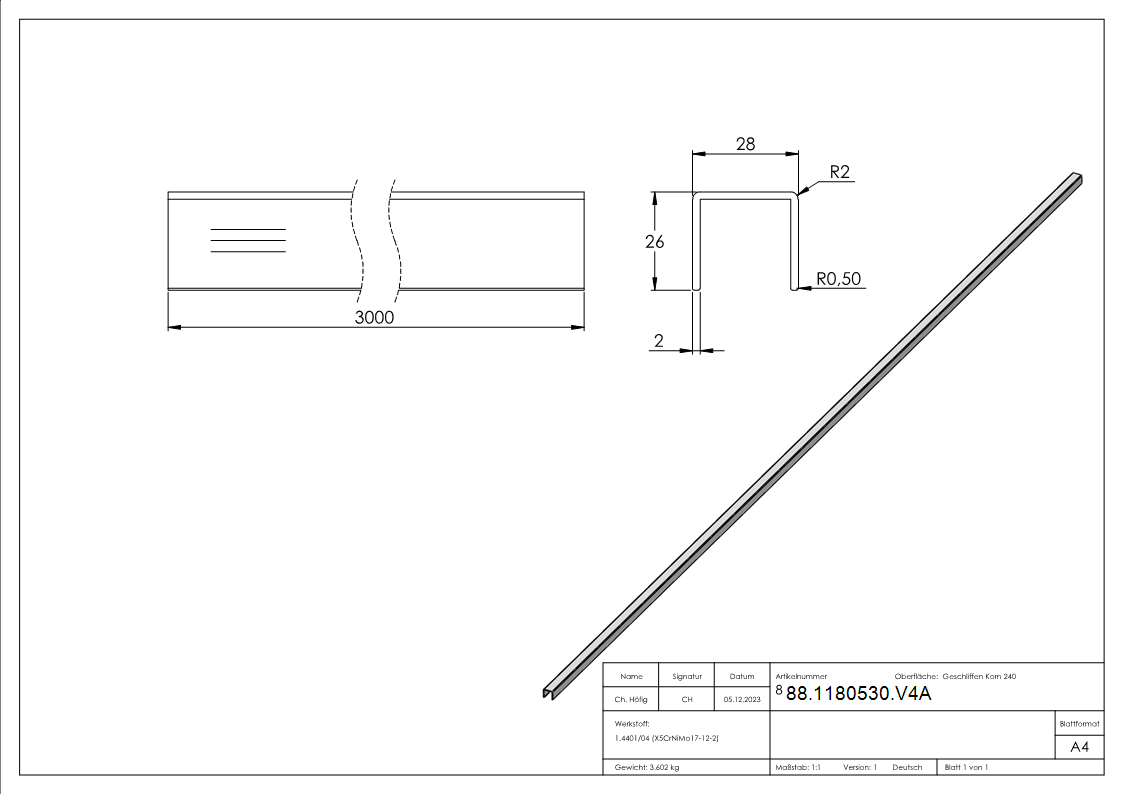 Edelstahl-U-Profil, 28 x 26 x 2mm, Länge: 3000mm