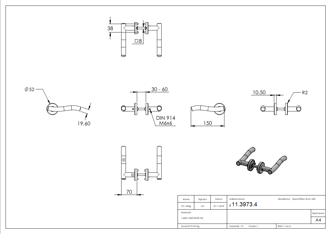Türdrückerpaar V2A inkl. 8 mm Drückerstift Modell Ellbow