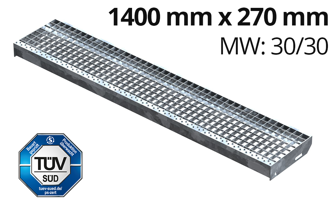 Gitterroststufe Treppenstufe Maße: 1400x270 mm 30/30 mm S235JR (St37-2), im Vollbad feuerverzinkt