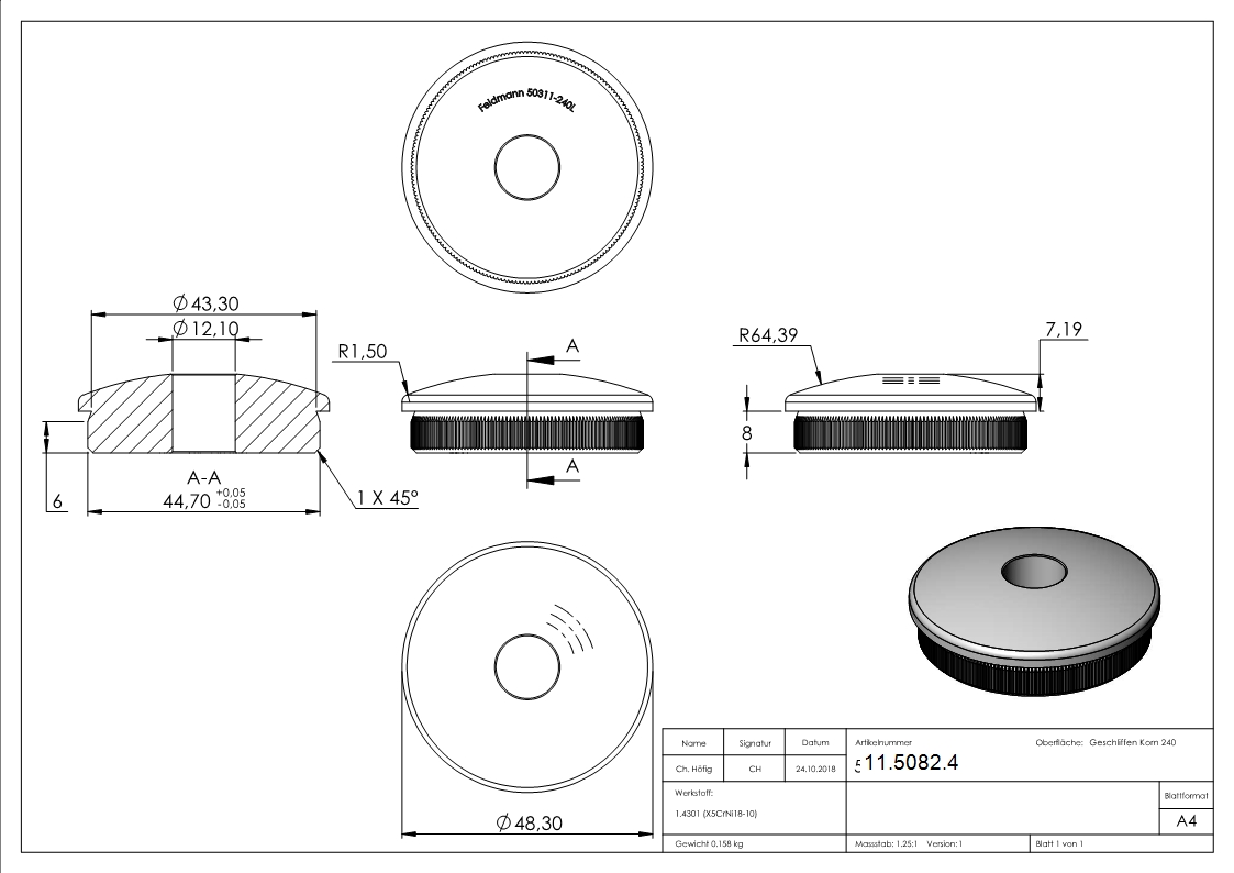 Stopfen leicht gewölbt V2A Vollmaterial für Ø 48,3x2,0 mm mit Bohrung 12,1 mm