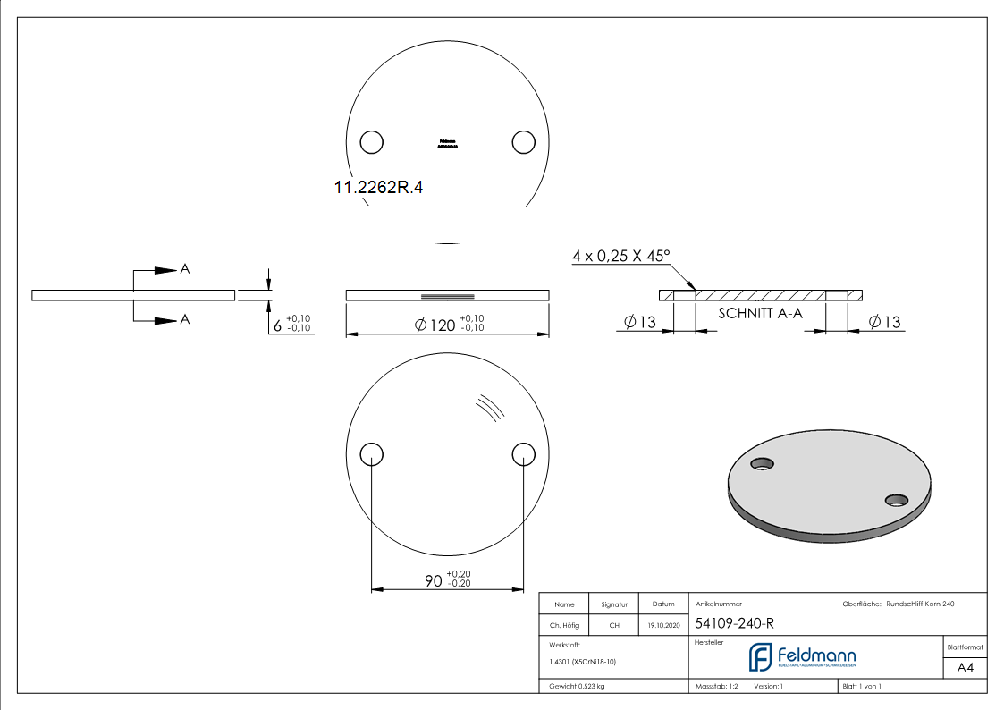 Ankerplatte Ø 120 x 6 mm mit 2 Bohrungen á Ø 13 mm V2A