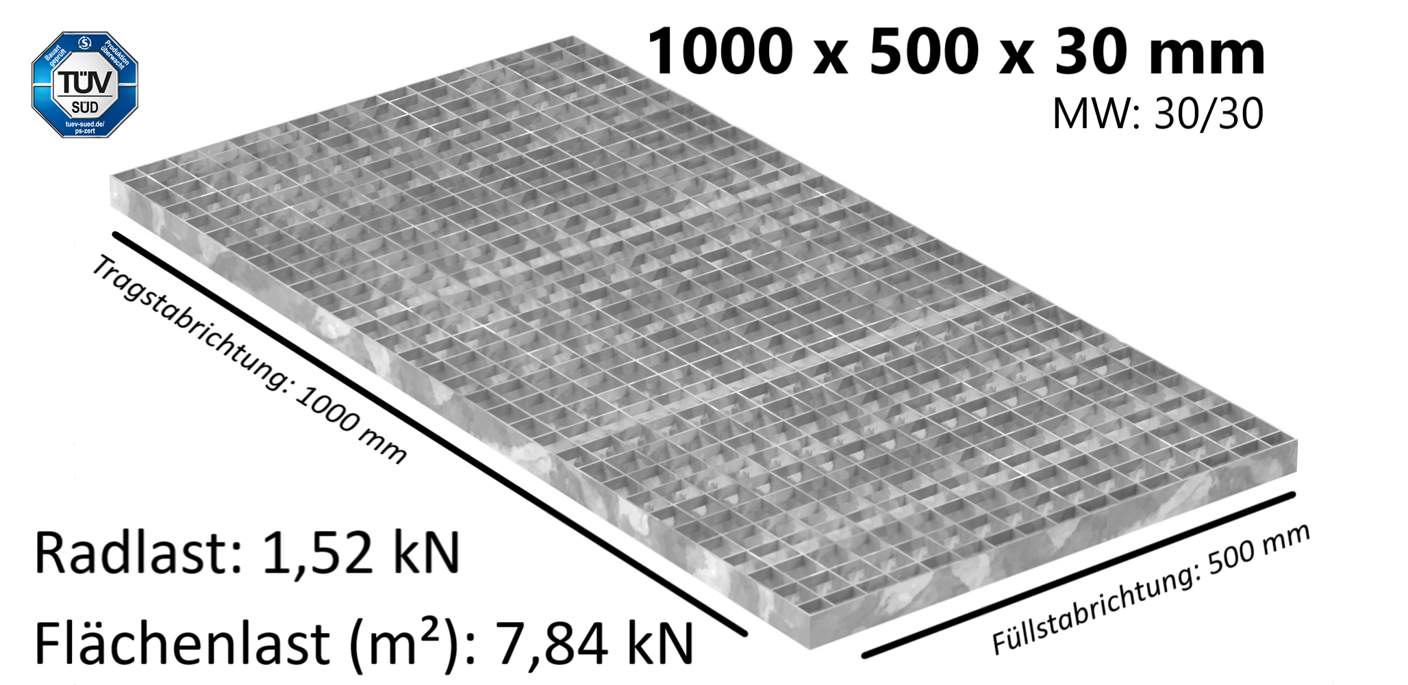 Industrie-Gitterrost | Maße: 1000x500x30 mm; 30/30 mm; 30/2 mm | S235JR (St37-2), im Vollbad feuerverzinkt