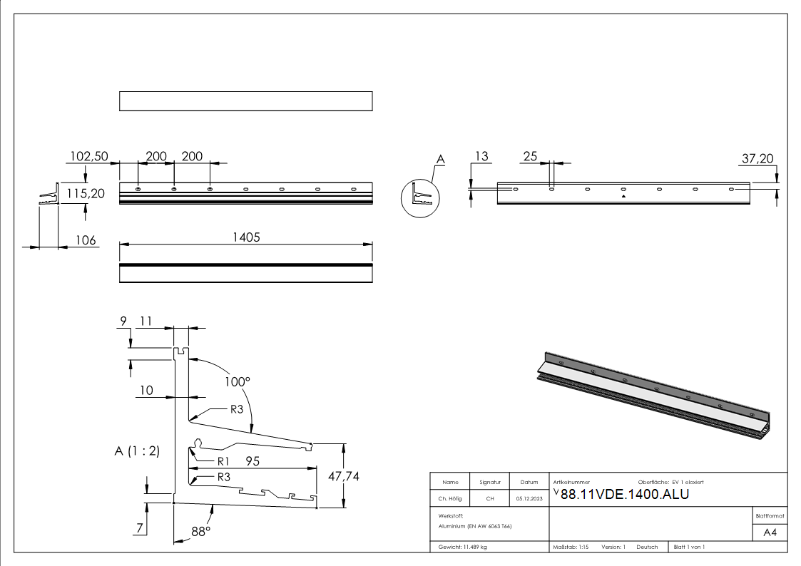 Vordachprofil eleganza canopy, L=1405mm, E4/EV1