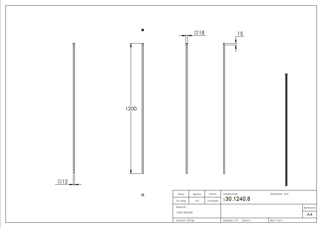 Zaunstab Laenge- 1200 mm Material 12x12 mm - gestauchter Kopf Stahl S235JR- roh-30-1240.8