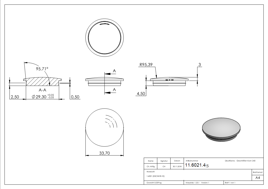 Rohrabschlussstopfen V2A fuer Rohr Ø 33-7 mm x 2-5 mm- gewoelbt- zum Einschlagen-11-6021.4