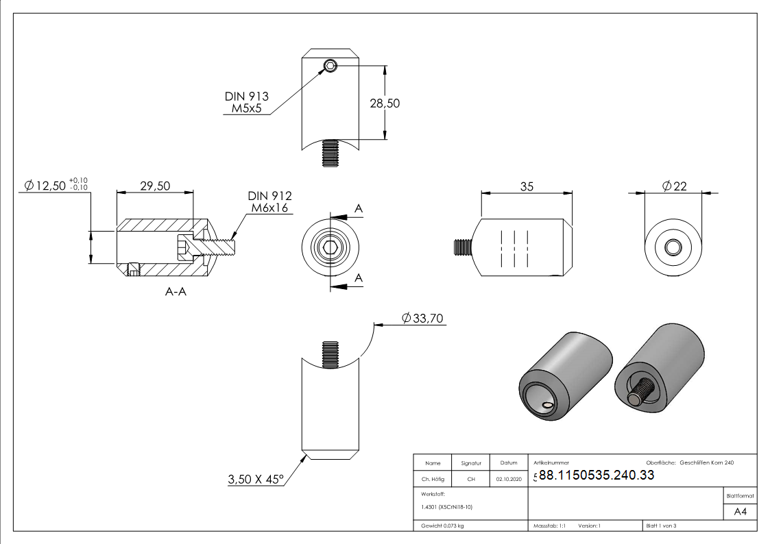 Querstabhalter V2A Edelstahl – Stossverbinder mit Bohrung Ø 12-5 mm fuer Anschluss 33-7 mm inkl- Schraube M6 -Handlaufhalter-Buegel Befestigung-88-1150535-240.33