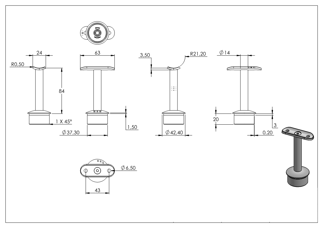 Handlaufstütze mit Halteplatte für Ø 42,4 mm  V2A