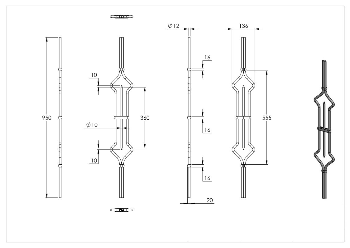 Designstab 12mm; Länge 900mm; für 2x Kugel 25mm