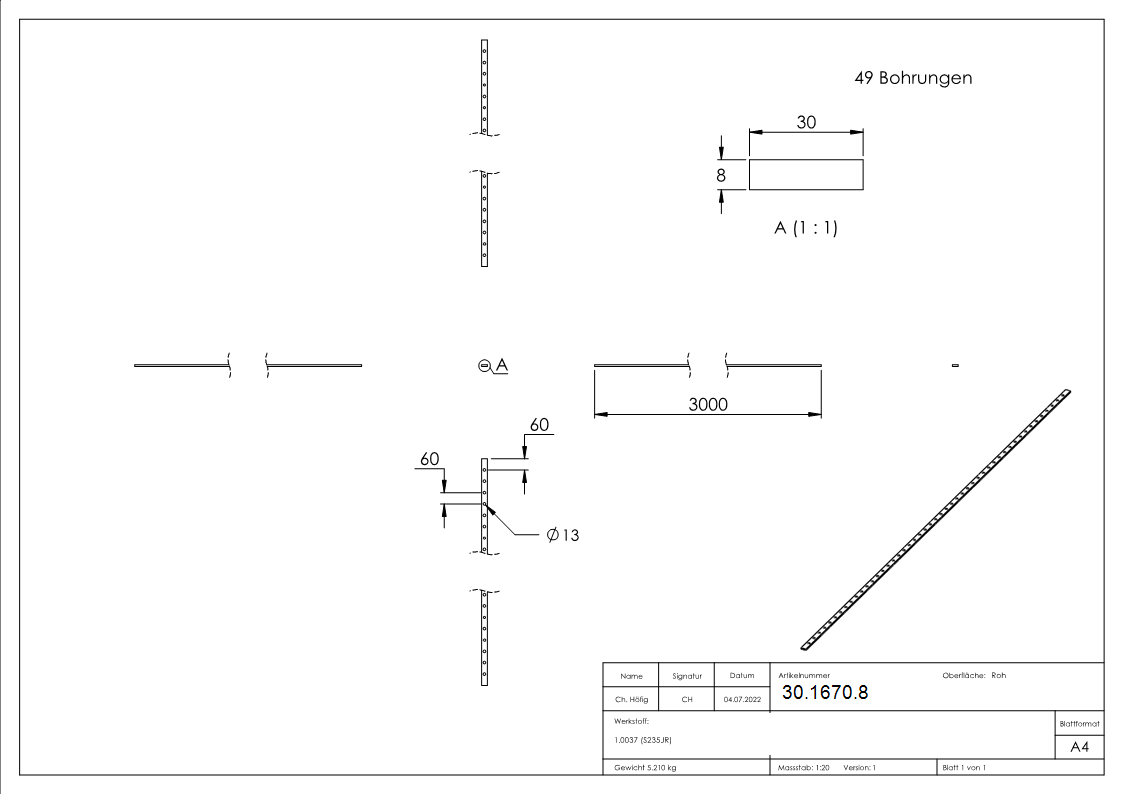 Flacheisen gelocht - Laenge- 3000 mm - 49 Lochungen - Stahl -Roh- S235JR-30-1670.8