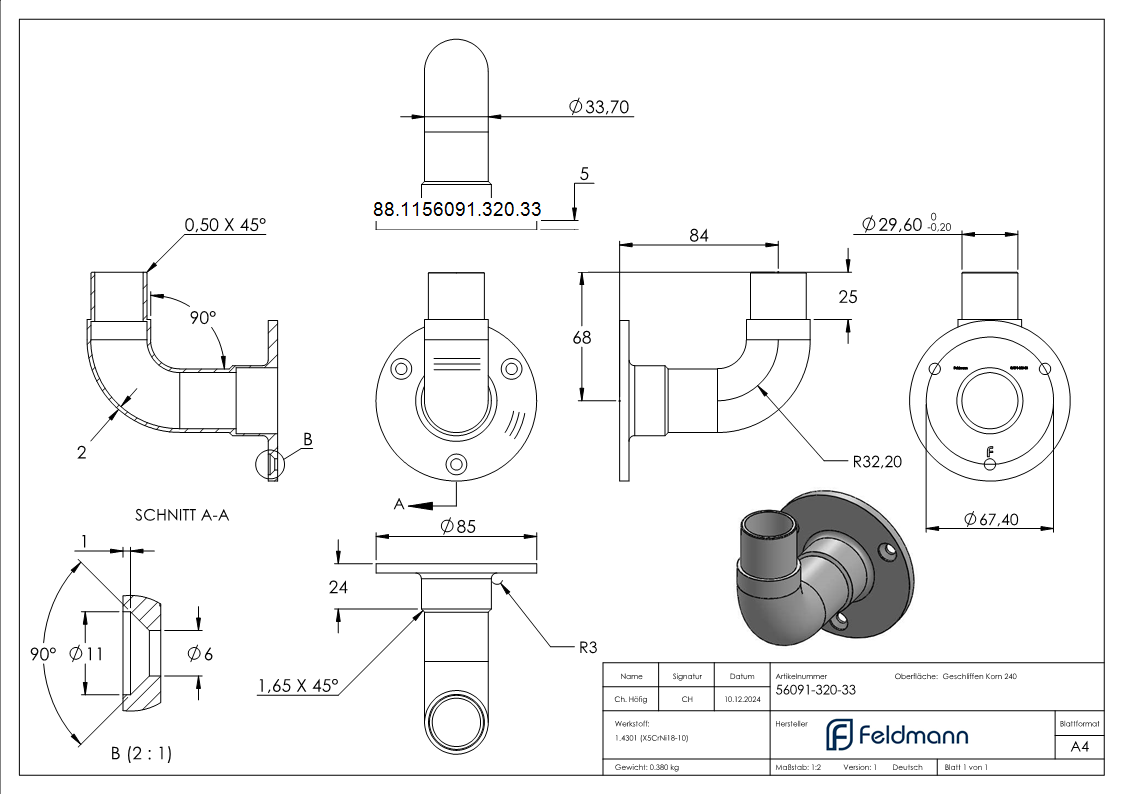 Wandhalter 90°  für Rohr 33,7 x 2,0 mm | V2A