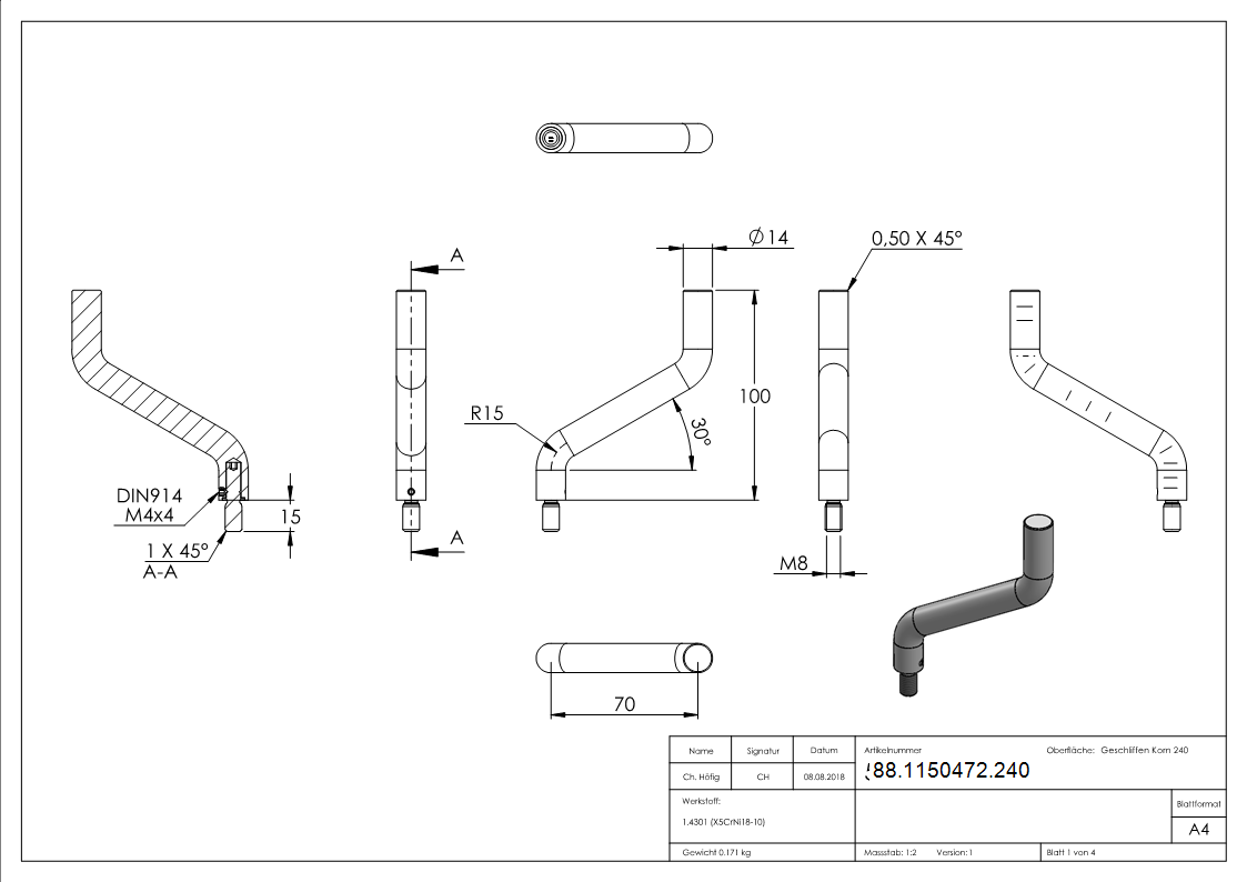 Buegel Edelstahl V2A Ø 14 mm- H 100 mm- M8 Gewinde- zum Anschweissen-88-1150472.240