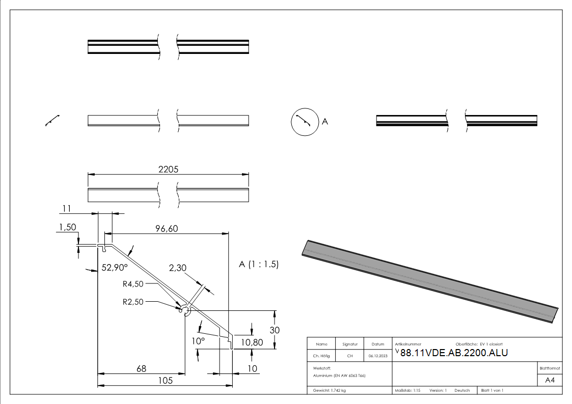 Design-Abdeckung fuer eleganza canopy- L=2205mm- Aluminium E4-EV1-88-11VDE-AB-2200.ALU