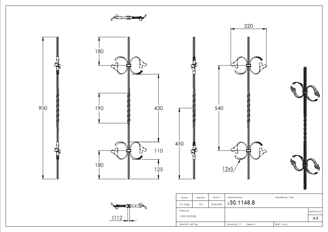 Zierstab - Laenge- 900 mm - Material- 12x12 mm gerillt - Stahl S235JR- roh-30-1148.8