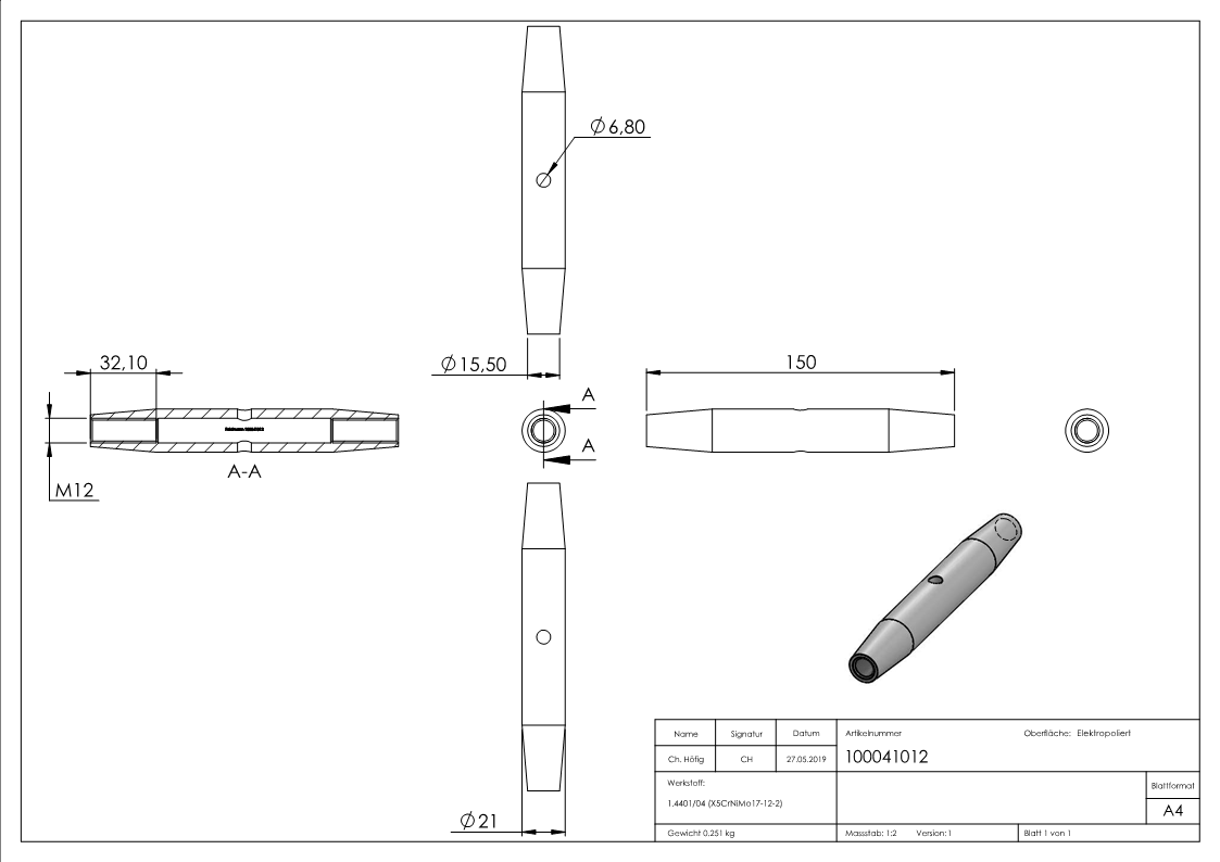 Wantenspanner mit Links- und Rechtsgewinde M12,V4A