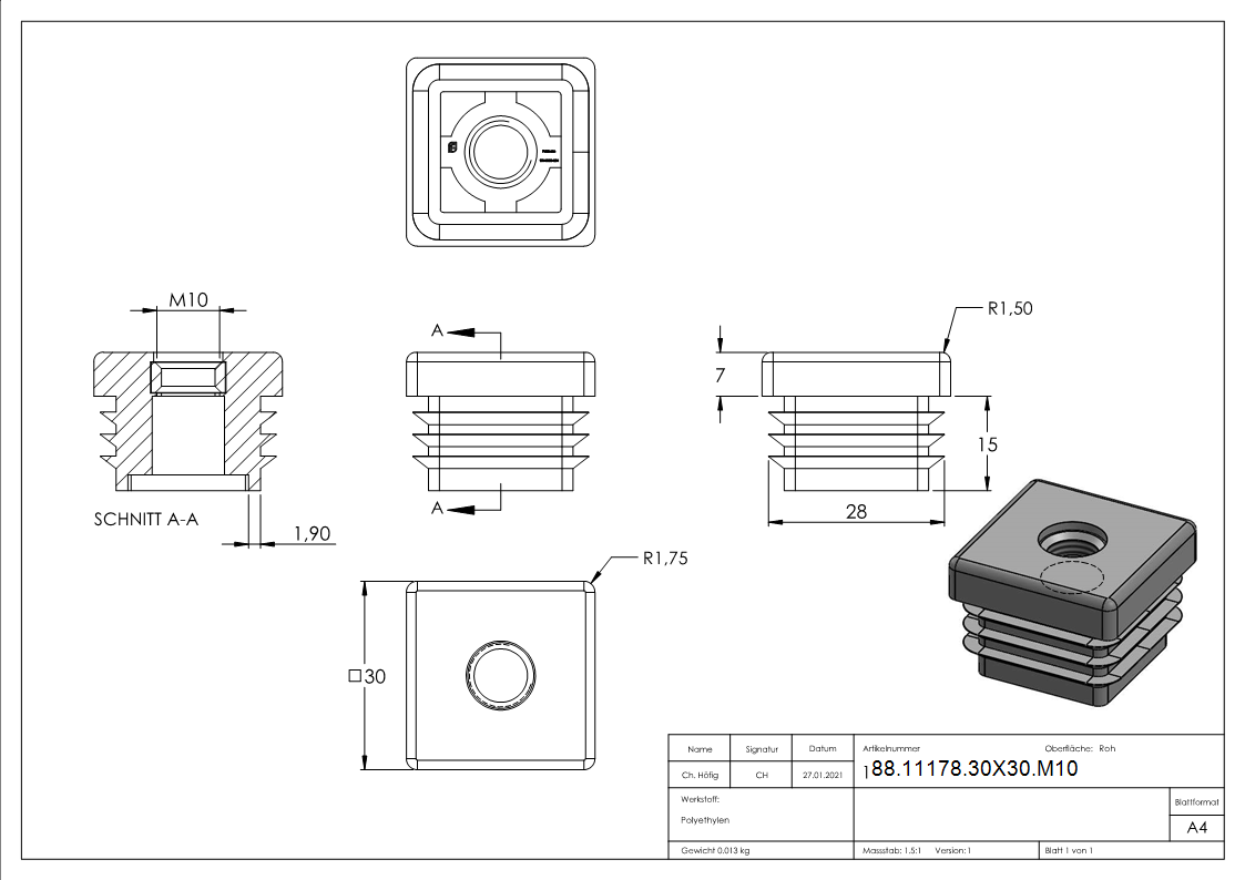 Kunststoffkappe für Quadratrohr 30x30mm mit M10