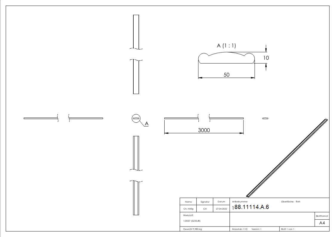 Handlauf 50 x 10mm; Länge 3000mm