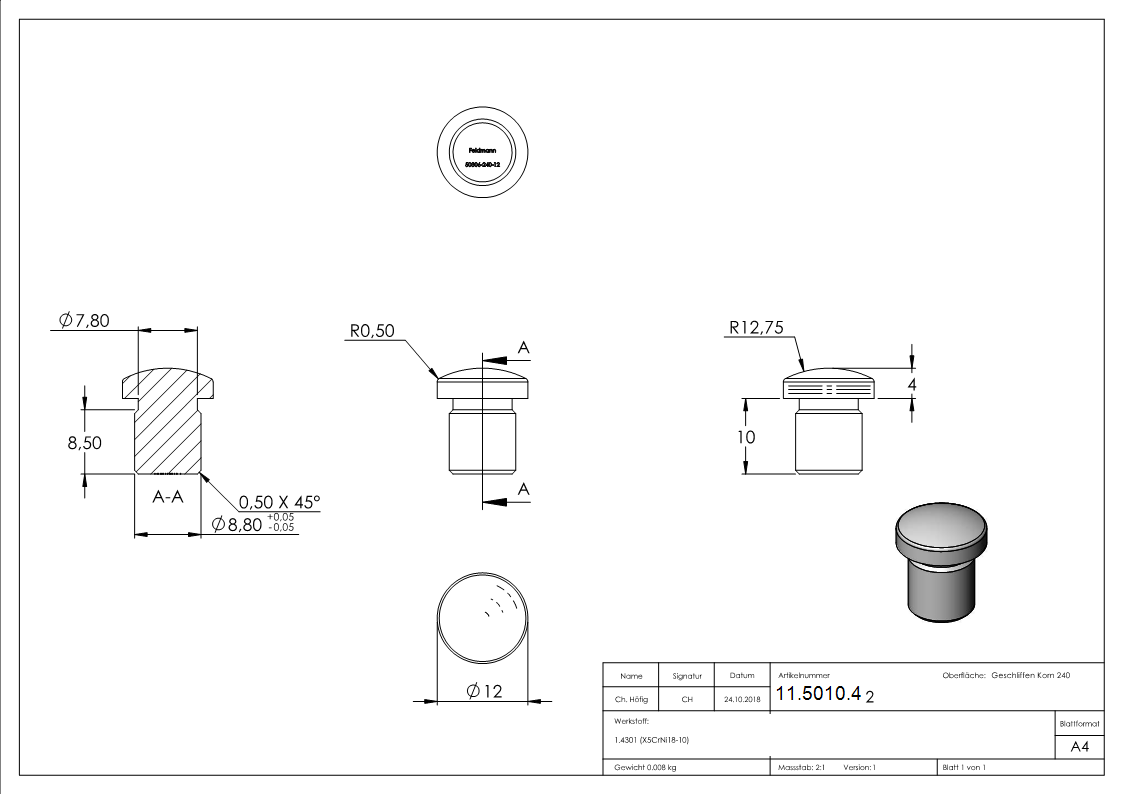 Einsteckstopfen V2A Edelstahl fuer Rohr Ø 12-0 x 1-5 mm gewoelbt- zum Einkleben-11-5010.4
