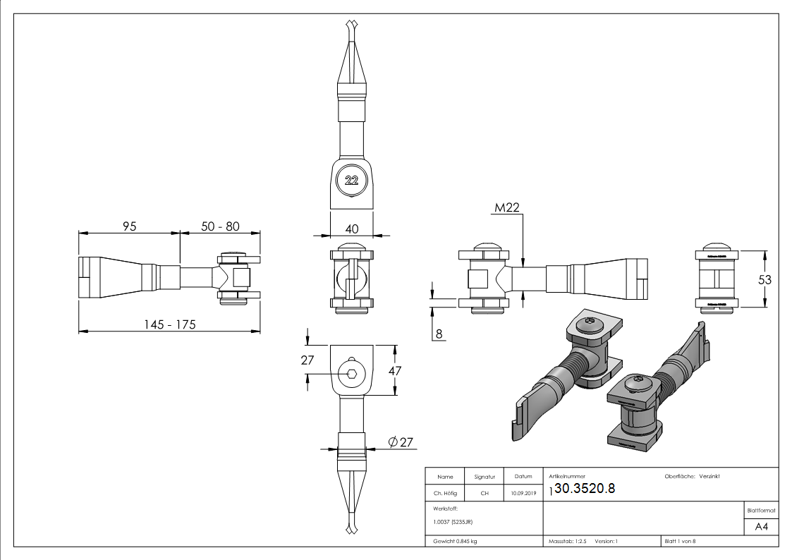 Torband M22 verstellbar zum einmauern Stahl -roh- S235JR-30-3520.8