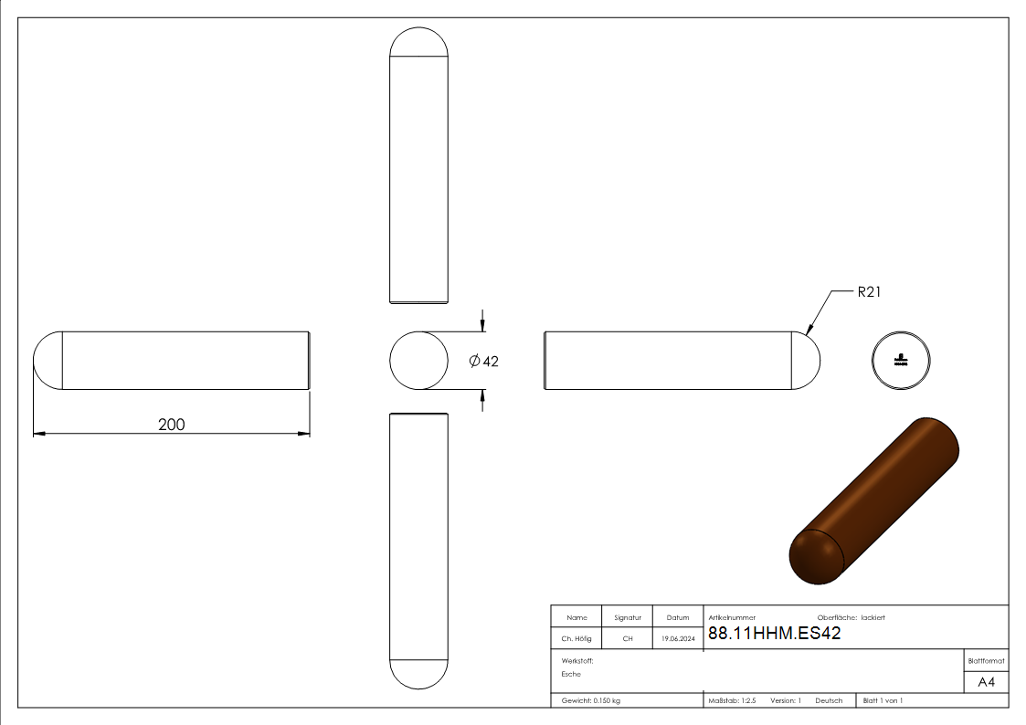 Holzhandlauf Esche Ø 42 mm Laenge 200 mm lackiert-88-11HHM.ES42
