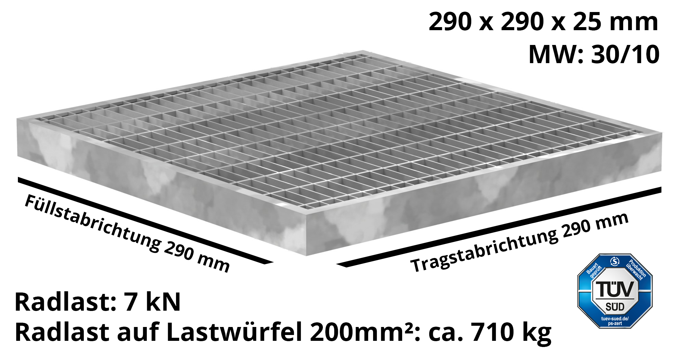 Garagen-Gitterrost | Maße:  290x290x25 mm 30/10 mm | aus S235JR (St37-2), im Vollbad feuerverzinkt