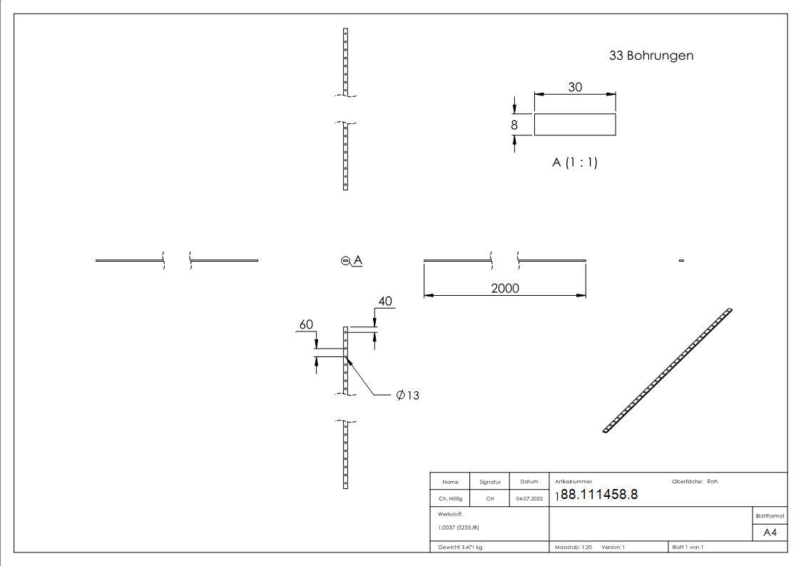 Lochleiste Stahl roh 30 x 8 mm- L 2000 mm- Bohrung Ø 12 mm- Lochabstand 60 mm-88-111458.8