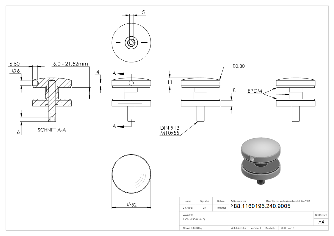 Glaspunkthalter 52mm- Anschluss- flach- V2A- pulverbeschichtet RAL 9005 schwarz matt-88-1160195-240.9005